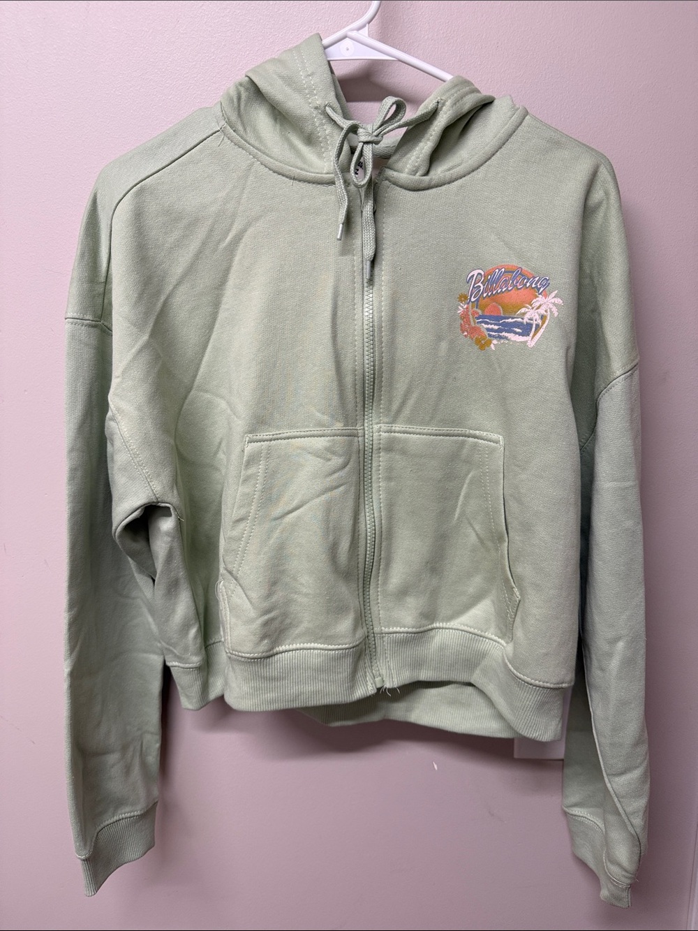 Billabong Light Sage Zip-Up Hoodie with Sunset Graphic Women’s Size M